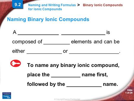 Slide 1 of 29 © Copyright Pearson Prentice Hall > Naming and Writing Formulas for Ionic Compounds Binary Ionic Compounds Naming Binary Ionic Compounds.