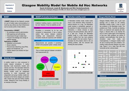 POSTER TEMPLATE BY: www.PosterPresentations.com Glasgow Mobility Model for Mobile Ad Hoc Networks Sarah Al-Humoud, Lewis M. Mackenzie and Wim Vanderbauwhede.