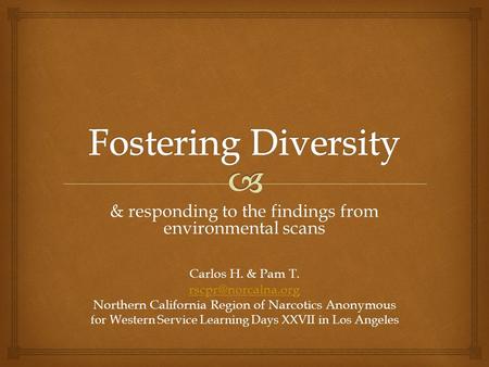 & responding to the findings from environmental scans Carlos H. & Pam T. Northern California Region of Narcotics Anonymous for Western.