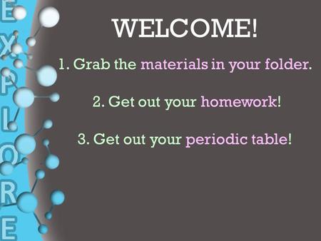 + WELCOME! 1. Grab the materials in your folder. 2. Get out your homework! 3. Get out your periodic table!