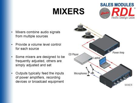Mixers combine audio signals from multiple sources Provide a volume level control for each source Some mixers are designed to be frequently adjusted, others.