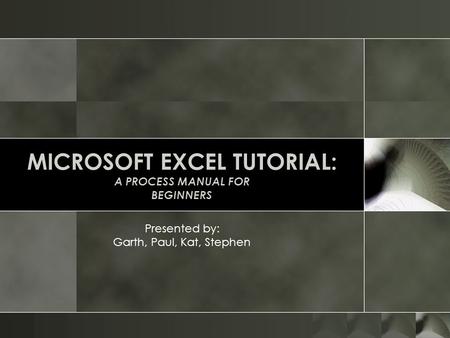 MICROSOFT EXCEL TUTORIAL: A PROCESS MANUAL FOR BEGINNERS Presented by: Garth, Paul, Kat, Stephen.