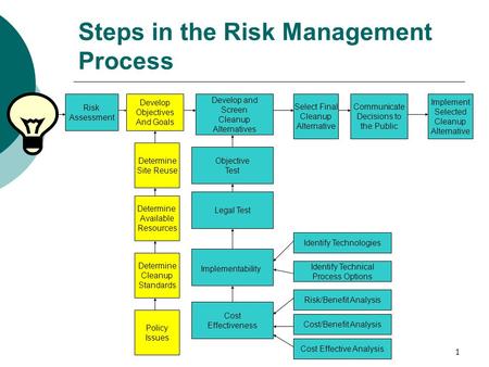 1 Risk Assessment Develop Objectives And Goals Develop and Screen Cleanup Alternatives Select Final Cleanup Alternative Communicate Decisions to the Public.
