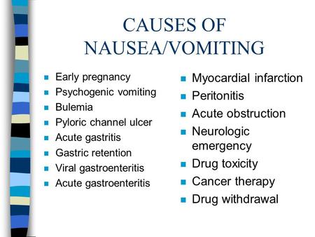 CAUSES OF NAUSEA/VOMITING n Early pregnancy n Psychogenic vomiting n Bulemia n Pyloric channel ulcer n Acute gastritis n Gastric retention n Viral gastroenteritis.