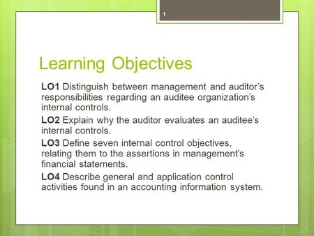 Learning Objectives LO1 Distinguish between management and auditor’s responsibilities regarding an auditee organization’s internal controls. LO2 Explain.