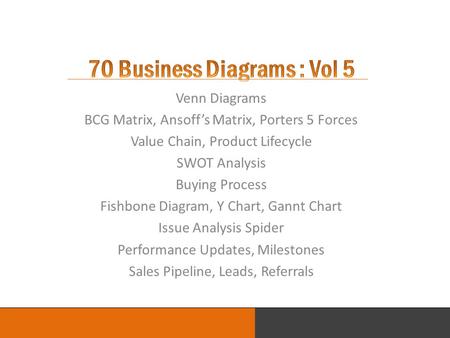 LOGO Venn Diagrams BCG Matrix, Ansoff’s Matrix, Porters 5 Forces Value Chain, Product Lifecycle SWOT Analysis Buying Process Fishbone Diagram, Y Chart,