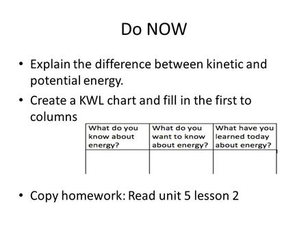 Do NOW Explain the difference between kinetic and potential energy. Create a KWL chart and fill in the first to columns Copy homework: Read unit 5 lesson.