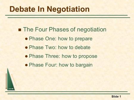 Slide 1 Debate In Negotiation The Four Phases of negotiation Phase One: how to prepare Phase Two: how to debate Phase Three: how to propose Phase Four: