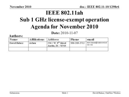 Doc.: IEEE 802.11-10/1298r6 Submission November 2010 David Halasz, OakTree WirelessSlide 1 IEEE 802.11ah Sub 1 GHz license-exempt operation Agenda for.