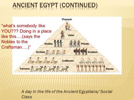 A day in the life of the Ancient Egyptians/ Social Class “what’s somebody like YOU??? Doing in a place like this….(says the Nobles to the Craftsman….)”