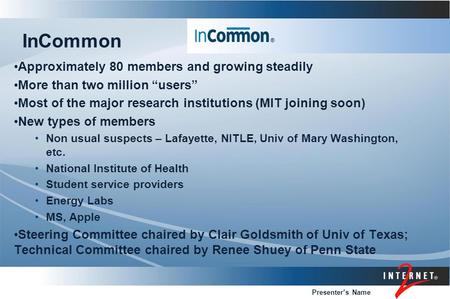 Presenter’s Name InCommon Approximately 80 members and growing steadily More than two million “users” Most of the major research institutions (MIT joining.