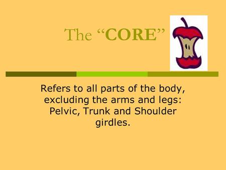 The “CORE” Refers to all parts of the body, excluding the arms and legs: Pelvic, Trunk and Shoulder girdles.