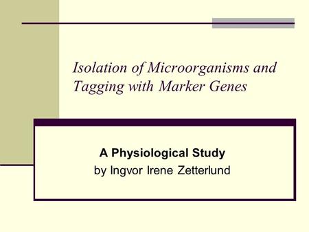 Isolation of Microorganisms and Tagging with Marker Genes A Physiological Study by Ingvor Irene Zetterlund.