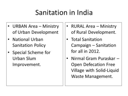 Sanitation in India URBAN Area – Ministry of Urban Development National Urban Sanitation Policy Special Scheme for Urban Slum Improvement. RURAL Area –