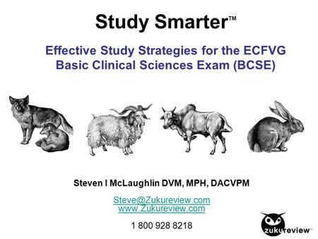 Study SmarterTM Effective Study Strategies for the ECFVG Basic Clinical Sciences Exam (BCSE) Steven I McLaughlin DVM, MPH, DACVPM Steve@Zukureview.com.