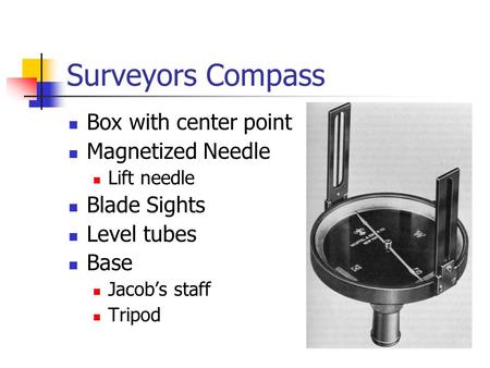 Surveyors Compass Box with center point Magnetized Needle Lift needle Blade Sights Level tubes Base Jacob’s staff Tripod.