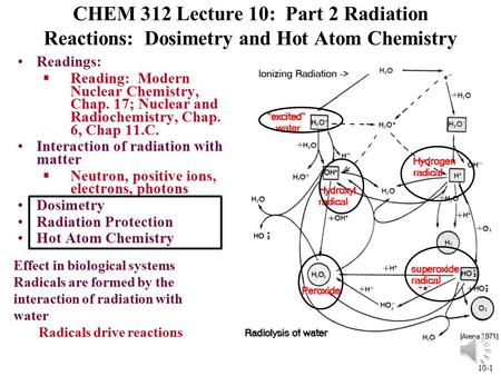 10-1 CHEM 312 Lecture 10: Part 2 Radiation Reactions: Dosimetry and Hot Atom Chemistry Readings: §Reading: Modern Nuclear Chemistry, Chap. 17; Nuclear.