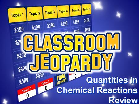 Quantities in Chemical Reactions Review Definitions $100 $200 $300 $400 $500 Quantities Balanced Chemical Equations Additional Calculations Team 1Team.