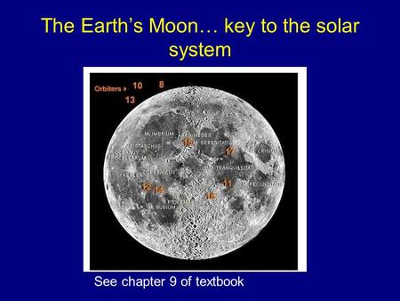 The Earth’s Moon… key to the solar system See chapter 9 of textbook.