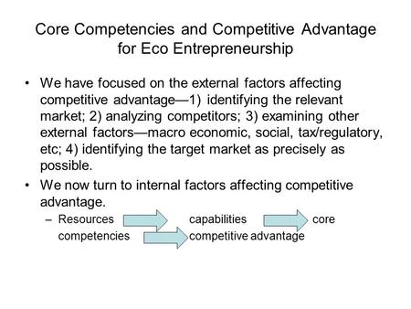 Core Competencies and Competitive Advantage for Eco Entrepreneurship We have focused on the external factors affecting competitive advantage—1) identifying.