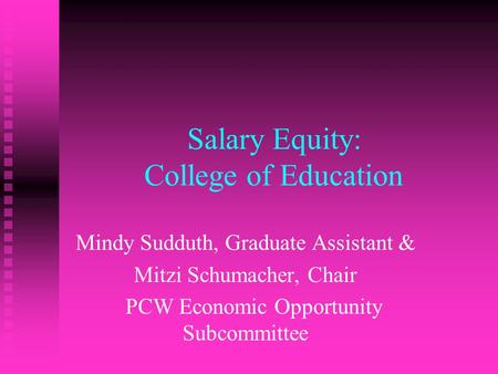 Salary Equity: College of Education Mindy Sudduth, Graduate Assistant & Mitzi Schumacher, Chair PCW Economic Opportunity Subcommittee.