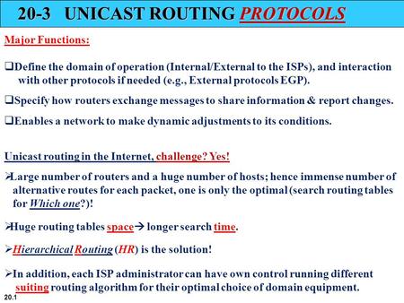 20.1 20-3 UNICAST ROUTING PROTOCOLS Major Functions:  Define the domain of operation (Internal/External to the ISPs), and interaction with other protocols.