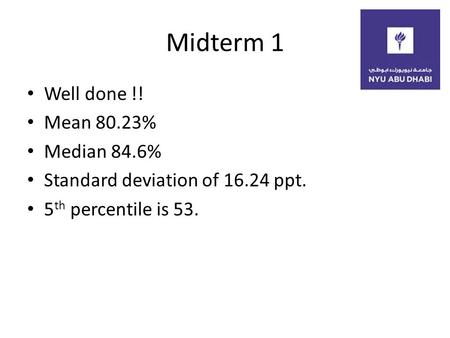Midterm 1 Well done !! Mean 80.23% Median 84.6% Standard deviation of 16.24 ppt. 5 th percentile is 53.