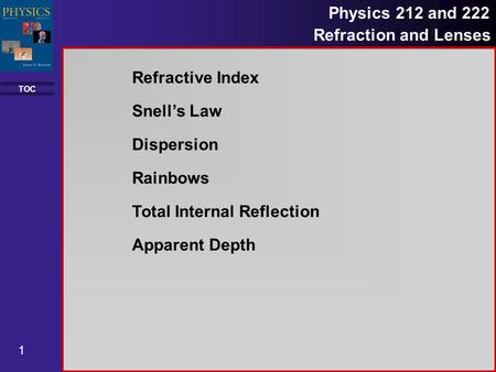 TOC 1 Physics 212 and 222 Refraction and Lenses Refractive Index Snell’s Law Dispersion Rainbows Total Internal Reflection Apparent Depth.