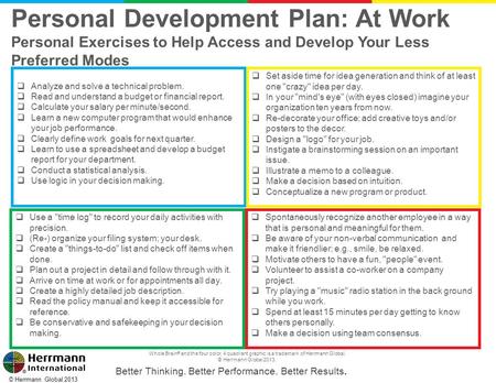 Better Thinking. Better Performance. Better Results. © Herrmann Global 2013 Personal Development Plan: At Work Personal Exercises to Help Access and Develop.