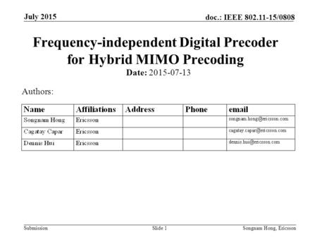 Submission doc.: IEEE 802.11-15/0808 July 2015 Songnam Hong, EricssonSlide 1 Frequency-independent Digital Precoder for Hybrid MIMO Precoding Date: 2015-07-13.