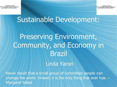 Sustainable Development: Preserving Environment, Community, and Economy in Brazil Linda Yaron Never doubt that a small group of committed people can change.