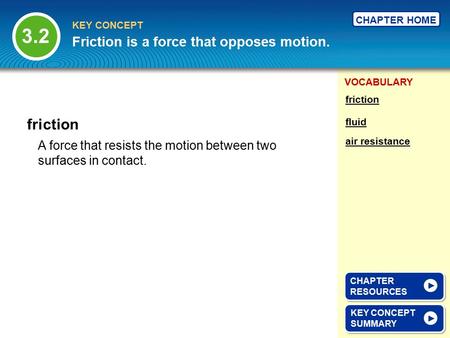 3.2 friction Friction is a force that opposes motion.