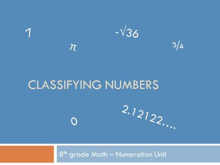 CLASSIFYING NUMBERS 8 th grade Math – Numeration Unit 7 π -√36 ¾ 0 2.12122….