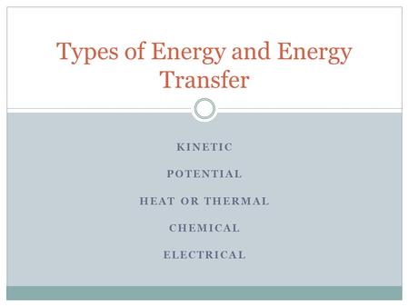 KINETIC POTENTIAL HEAT OR THERMAL CHEMICAL ELECTRICAL Types of Energy and Energy Transfer.