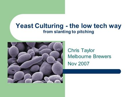 Yeast Culturing - the low tech way from slanting to pitching Chris Taylor Melbourne Brewers Nov 2007.
