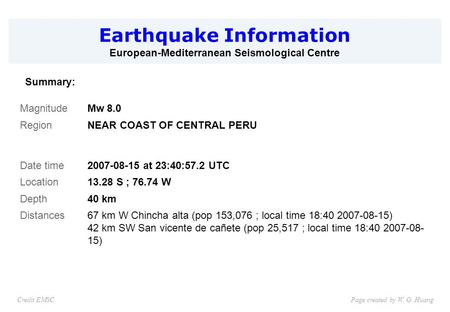Earthquake Information European-Mediterranean Seismological Centre Page created by W. G. HuangCredit EMSC Summary: MagnitudeMw 8.0 RegionNEAR COAST OF.