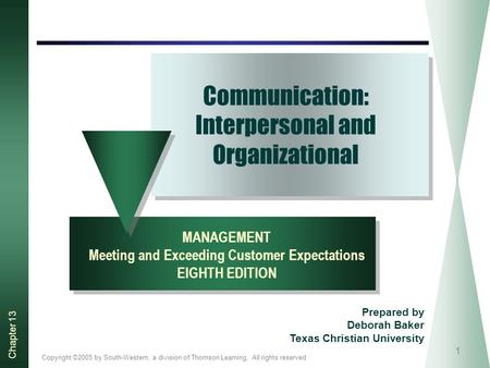 Copyright ©2005 by South-Western, a division of Thomson Learning. All rights reserved Chapter 13 1 Communication: Interpersonal and Organizational MANAGEMENT.