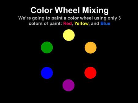 Color Wheel Mixing We’re going to paint a color wheel using only 3 colors of paint: Red, Yellow, and Blue.