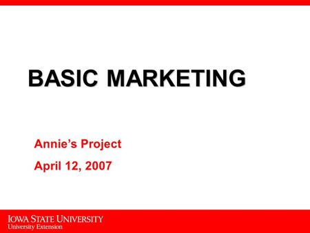 1 BASIC MARKETING Annie’s Project April 12, 2007.