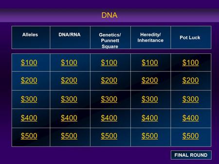 DNA $100 $200 $300 $400 $500 $100$100$100 $200 $300 $400 $500 AllelesDNA/RNA Genetics/ Punnett Square Heredity/ Inheritance Pot Luck FINAL ROUND.