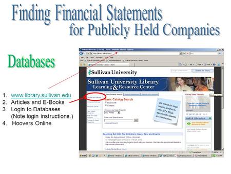 1.www.library.sullivan.eduwww.library.sullivan.edu 2.Articles and E-Books 3.Login to Databases (Note login instructions.) 4. Hoovers Online.