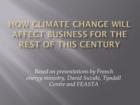 Based on presentations by French energy ministry, David Suzuki, Tyndall Centre and FEASTA.
