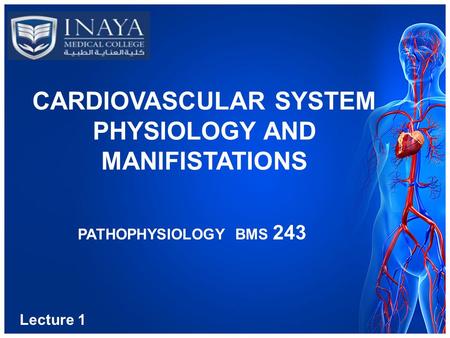 CARDIOVASCULAR SYSTEM PHYSIOLOGY AND MANIFISTATIONS PATHOPHYSIOLOGY BMS 243 Lecture 1.