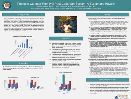 Timing of Catheter Removal Post-Cesarean Section: A Systematic Review Anita Carswell, RN, C; Linda Edenfield, RN; Sharon Fickley BSN, RN-OB; Rick Harper,