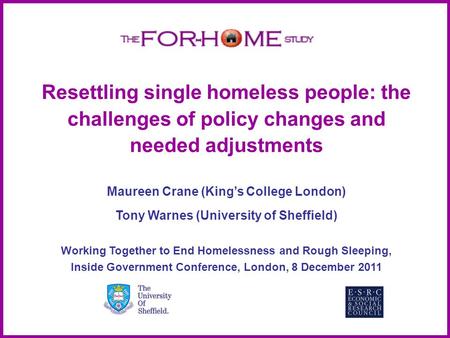 Resettling single homeless people: the challenges of policy changes and needed adjustments Maureen Crane (King’s College London) Tony Warnes (University.