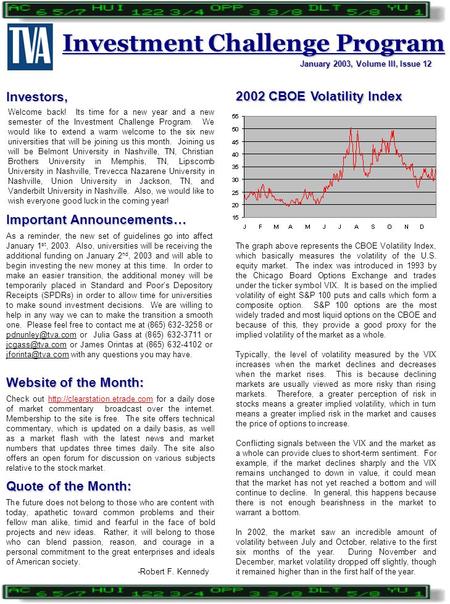 Investment Challenge Program January 2003, Volume III, Issue 12 Website of the Month: Investors, Quote of the Month: 2002 CBOE Volatility Index Check out.