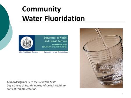 Community Water Fluoridation 1 Acknowledgements to the New York State Department of Health, Bureau of Dental Health for parts of this presentation.