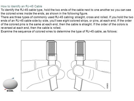 How to Identify an RJ-45 Cable To identify the RJ-45 cable type, hold the two ends of the cable next to one another so you can see the colored wires inside.