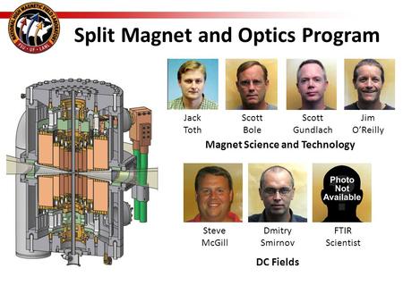 Split Magnet and Optics Program Jack Toth Scott Bole Scott Gundlach Jim O’Reilly Magnet Science and Technology Steve McGill Dmitry Smirnov DC Fields FTIR.