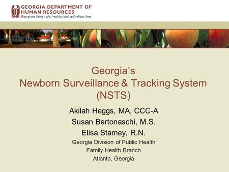 Georgia’s Newborn Surveillance & Tracking System (NSTS) Akilah Heggs, MA, CCC-A Susan Bertonaschi, M.S. Elisa Stamey, R.N. Georgia Division of Public Health.